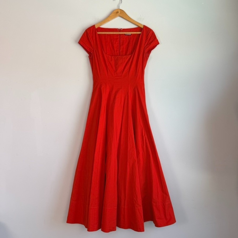 Staud Square Neck Fit and Flare Midi Dress Size 4 Red Cottagecore Quiet Luxury - Picture 5 of 12